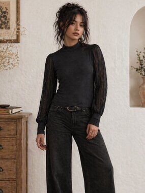 Heartloom Blouse M Ribbed Knit High Neck Sheer Sleeves Cozy Witchy Chic